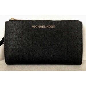 New Michael Kors Jet Set Travel Double zip wristlet Leather wallet Black / Gold